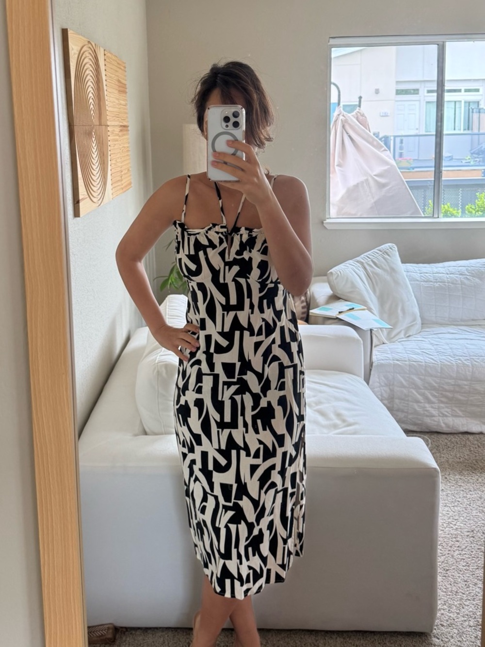 NWOT Black & cream Abstract Midi Slip Dress with Thin Straps